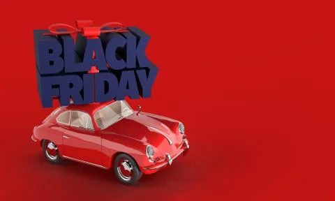3d render. Red toy car carrying words Black Friday on red background. Copy space Stock Illustration