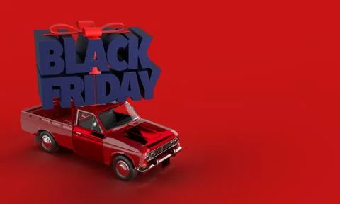 3d render. Red toy car carrying words Black Friday on red background. Copy sp Stock Illustration