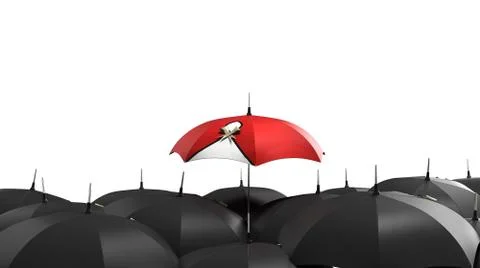 3d render Red umbrella stand out from the crowd of many black and white umbre Stock Illustration