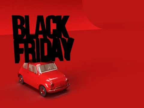 3d render. Red vintage lowpoly toy car with words Black Friday on red background Stock Illustration