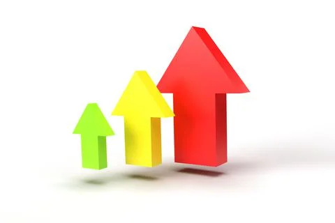 3d render. Red yellow and green up arrows on white background. Illustrazione stock