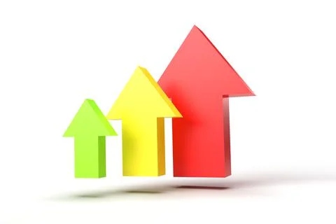 3d render. Red yellow and green up arrows on white background. Stock Illustration