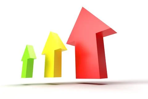 3d render. Red yellow and green up arrows on white background. Illustrazione stock