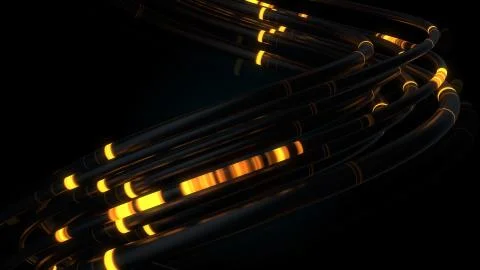 3d render of reflective cables with glow segments. Data transferring. Informa Stock Illustration