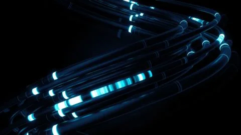 3d render of reflective cables with glow segments. Data transferring. Informa Stock Illustration