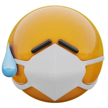 3D render of resigned yellow emojiface in medical mask protecting from Covid19 Stock Illustration