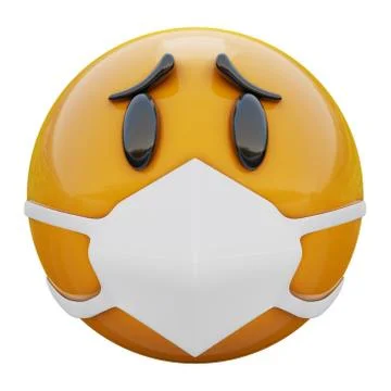 3D render of resigned yellow emojiface in medical mask protecting from Covid19 Stock Illustration