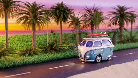 3D render of a retro camper van with a surfboard on the roof, driving along.. Stock Illustration