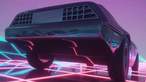 3D Render Retro Style Car Driving on Neon Grid Geometric Mountains Stock Footage 330478398