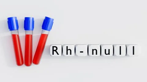 3D render of "Rh-null" on blocks with red blood cells and capped test tubes. Illustrazione stock