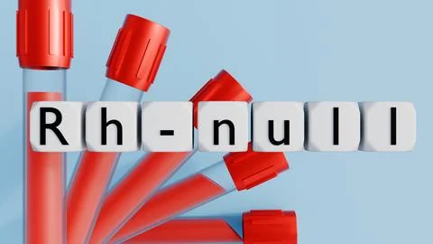 3D render of "Rh-null" on blocks with red blood cells and capped test tubes. Illustrazione stock