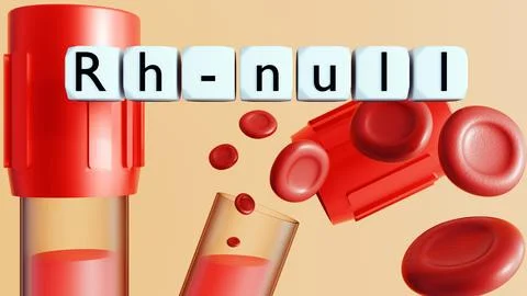 3D render of "Rh-null" on blocks with red blood cells and capped test tubes. Illustrazione stock