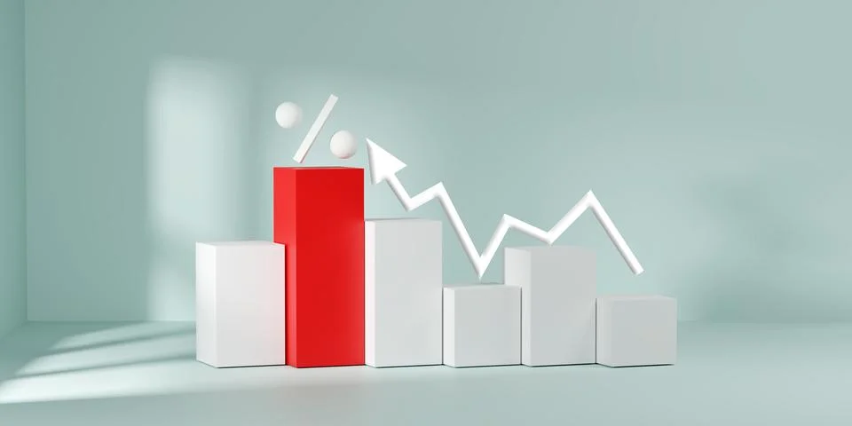 3D render of rising arrow and percentage sign on red and white bar graphs. .. Stock Illustration