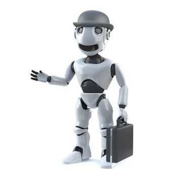 3d render of a robot with a bowler hat and briefcase. Stock Illustration