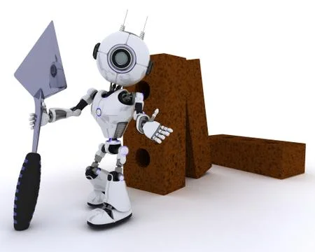 3D Render of a Robot with bricks and trowel Illustrazione stock