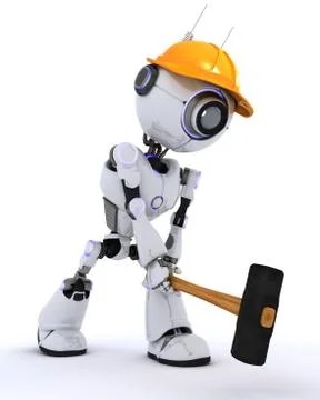 3D Render of a Robot Builder with a sledgehammer Stock Illustration