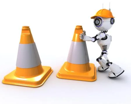 3D Render of a Robot with caution cones 스톡 일러스트