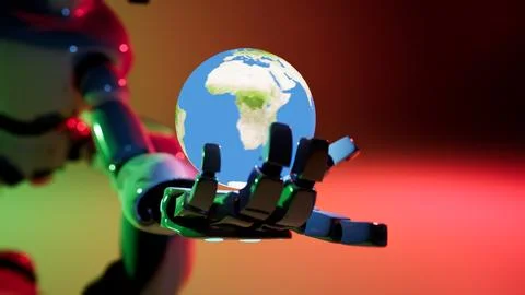3d render of robot chatbot hand with our earth red background. A.i. take care ab Illustrazione stock