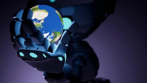 3d render of robot chatbot hand with our earth black background. A.i. take care  Illustrazione stock