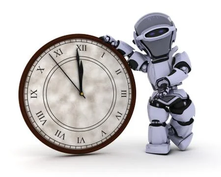 3D Render of a Robot with clock at new years 스톡 일러스트