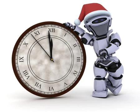 3D Render of a Robot with clock at new years Illustrazione stock