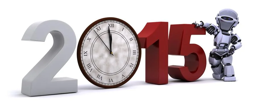 3D Render of a Robot with clock at new years Illustrazione stock