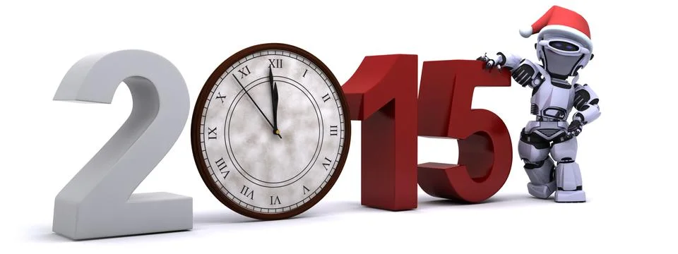 3D Render of a Robot with clock at new years Illustrazione stock