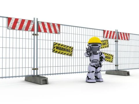 3D Render of a Robot with construction barrier fence 스톡 일러스트