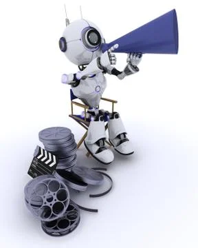 3D Render of a Robot in directors chair with megaphone Stock Illustration