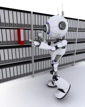 3D Render of a Robot filing documents Stock Illustration