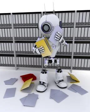 3D Render of a Robot filing documents Stock Illustration