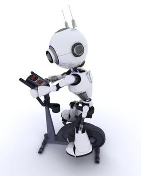 3D render of a robot at the gym on an exercise bike Stock-Illustration