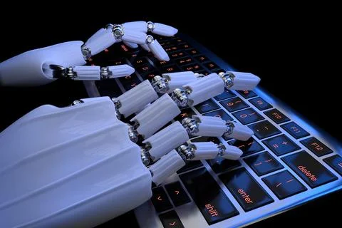 3d render of Robot hands closeup typing on the keyboard in dark background. Stock Illustration