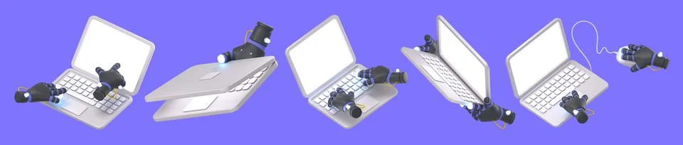 3d render robot hands with laptop, cyborg arms Illustrazione stock