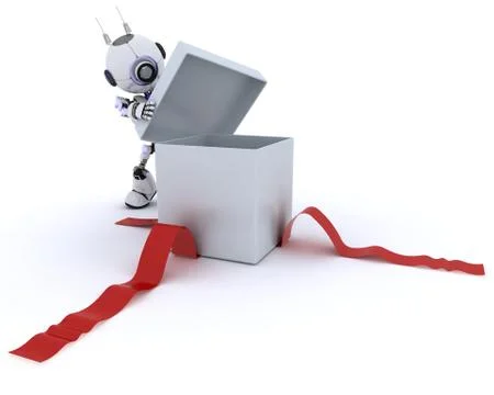 3D Render of a Robot opening gift 스톡 일러스트