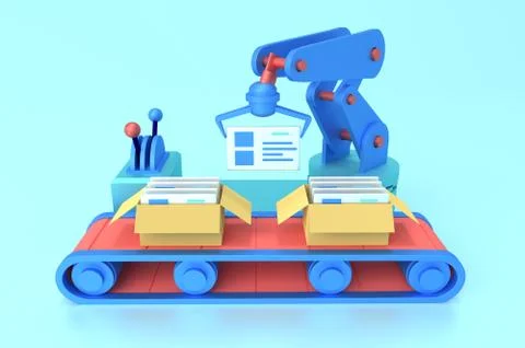 3d render robot pack boxes at conveyor work. Stock Illustration