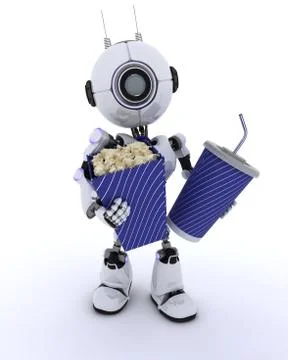 3D Render of a Robot with popcorn and soda Stock Illustration