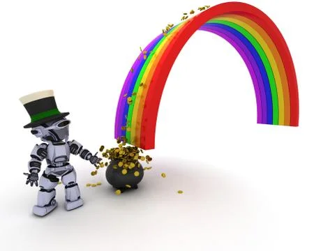3d render of robot with pot of gold at the end of the rainbow Stock Illustration