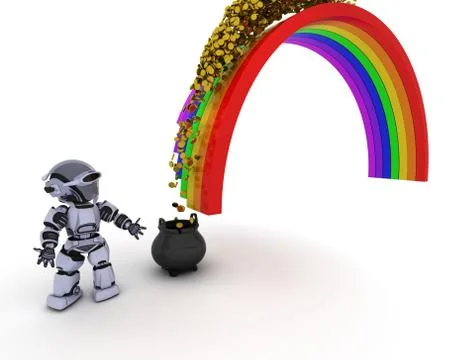 3d render of robot with pot of gold at the end of the rainbow Stock Illustration