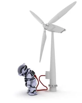 3D Render of a Robot recharging by wind turbine Stock Illustration