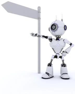 3D Render of a Robot with road sign 스톡 일러스트