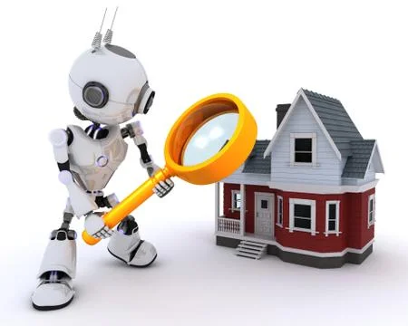 3D Render of a Robot searching for a house Stock Illustration