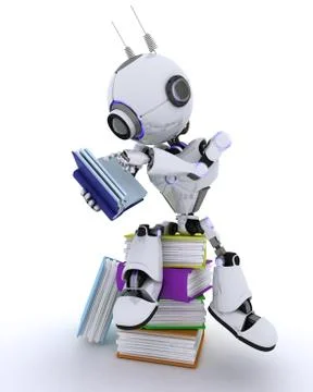 3D Render of an Robot with stack of books Stock Illustration