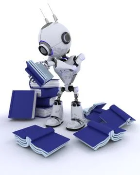 3D Render of an Robot with stack of books Illustrazione stock