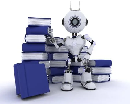 3D Render of an Robot with stack of books Stock Illustration