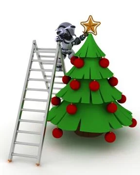 3D render of a Robot trimming the tree Stock Illustration