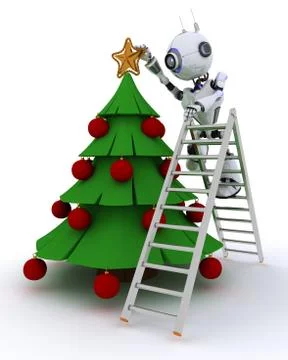 3D Render of a Robot trimming the tree 스톡 일러스트