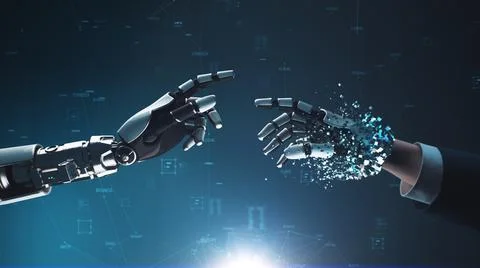 3D Render of robot turning human into cyborg Illustrazione stock