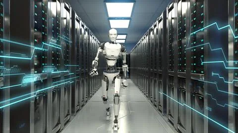 3D Render of robot walking in data center Stock Illustration