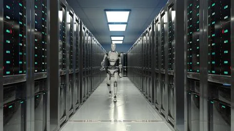 3D Render of robot walking in data center Stock Illustration